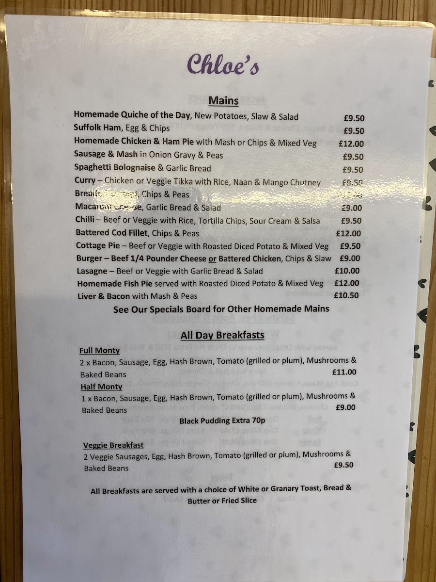 Chloe's menu board