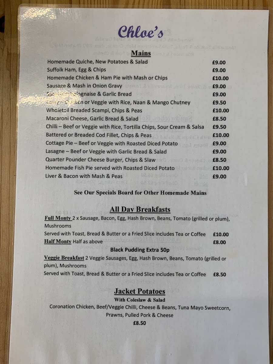 Chloe's menu board