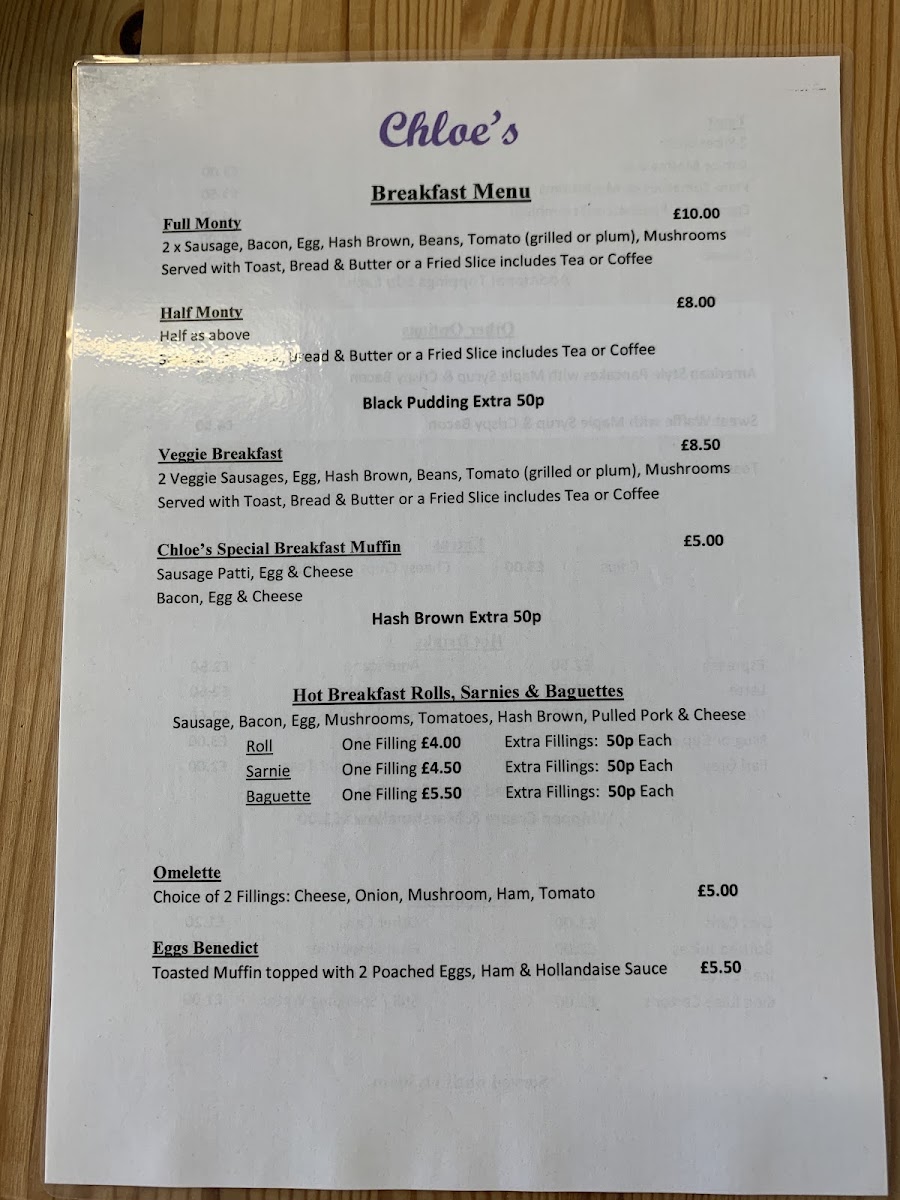 Chloe's menu board