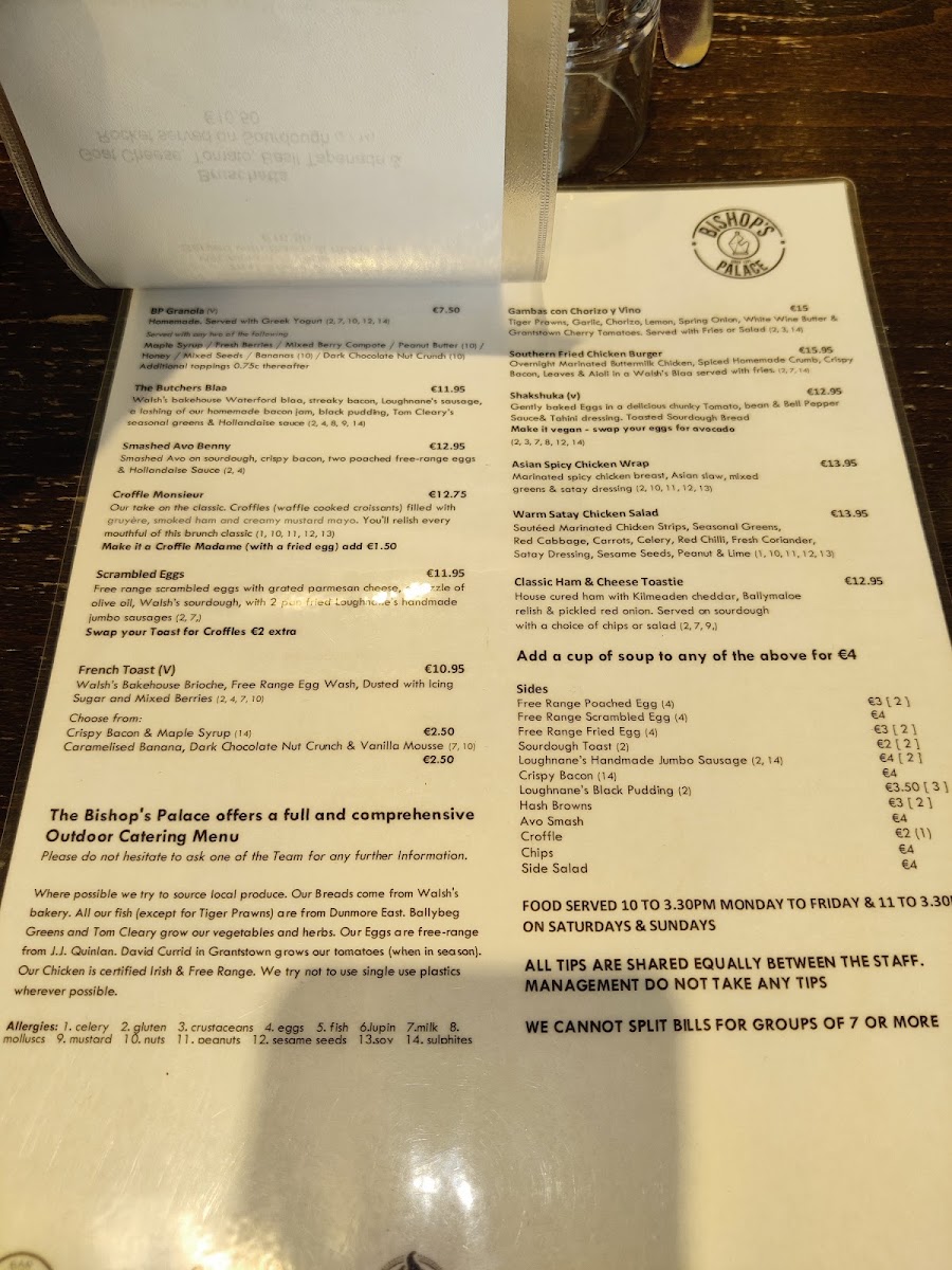 Bishop's Palace Café menu board