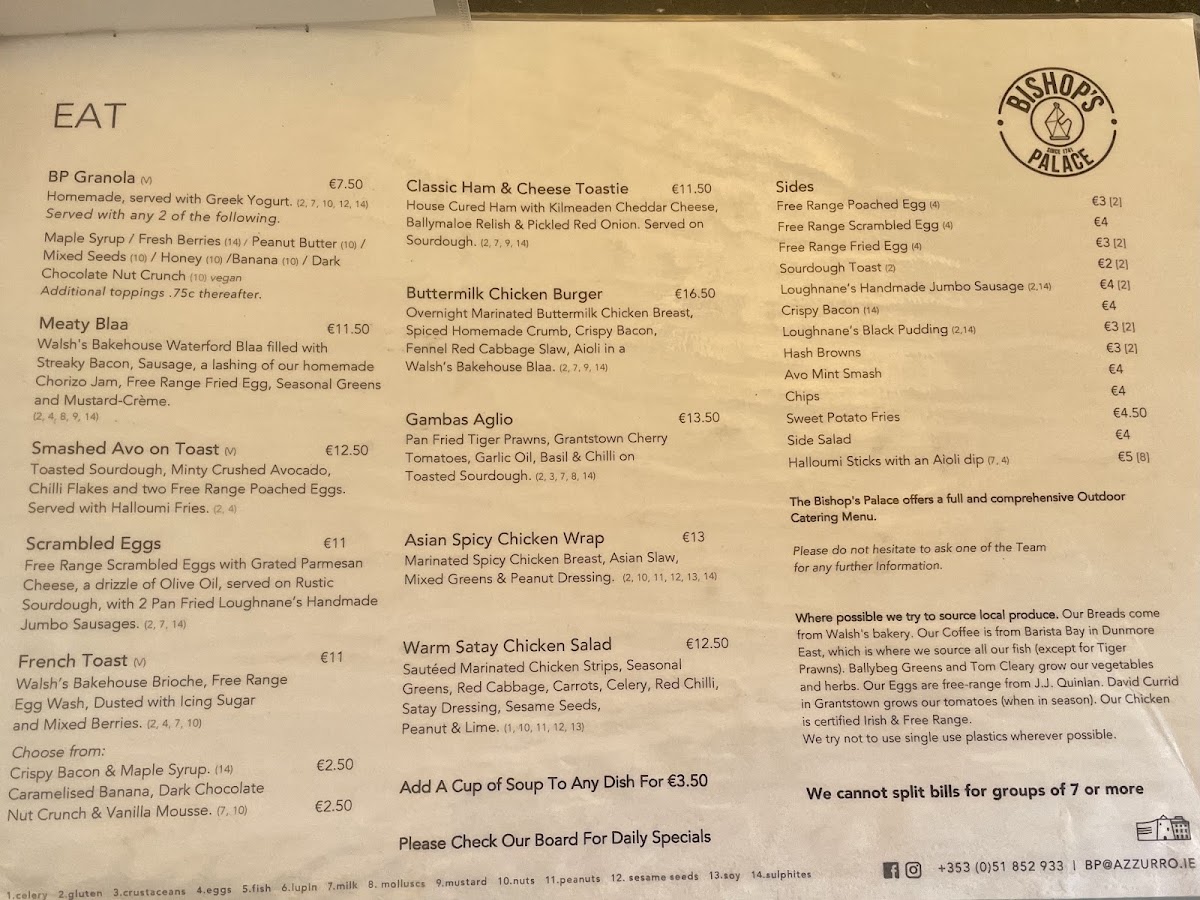 Bishop's Palace Café menu board