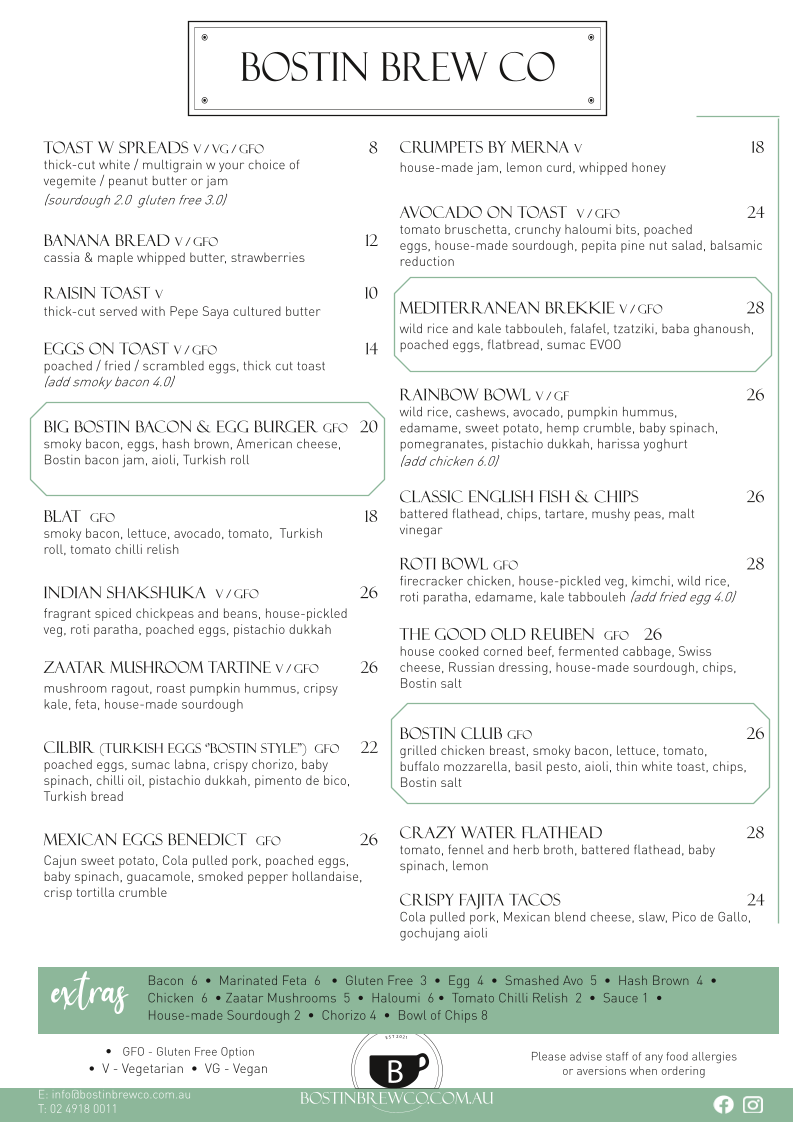 Bostin Brew Co menu board