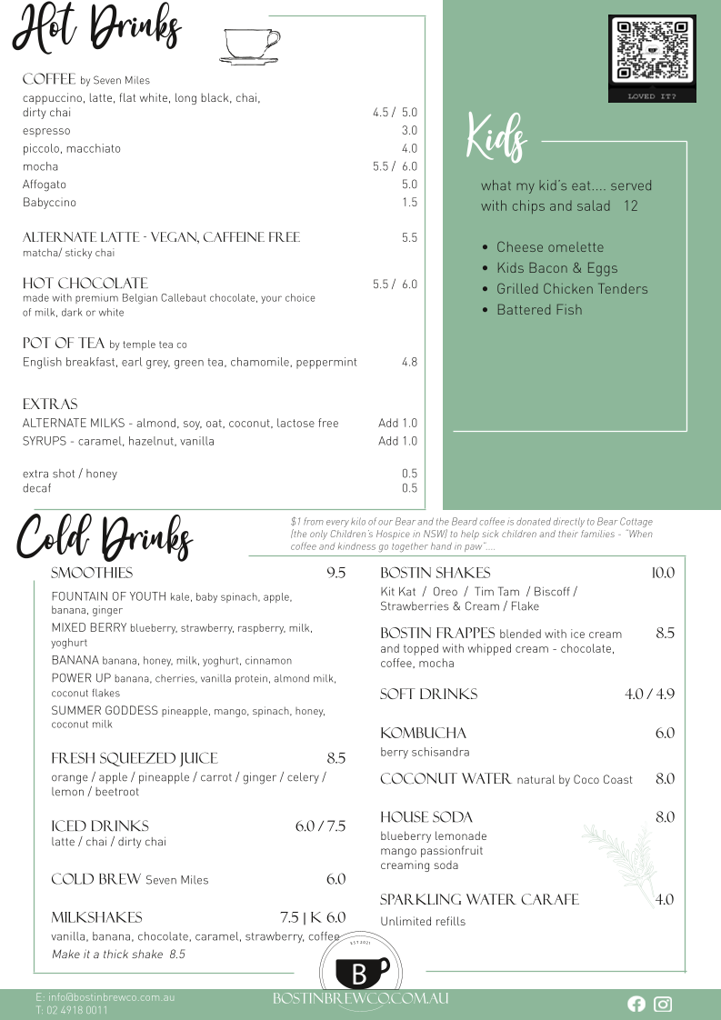 Bostin Brew Co menu board