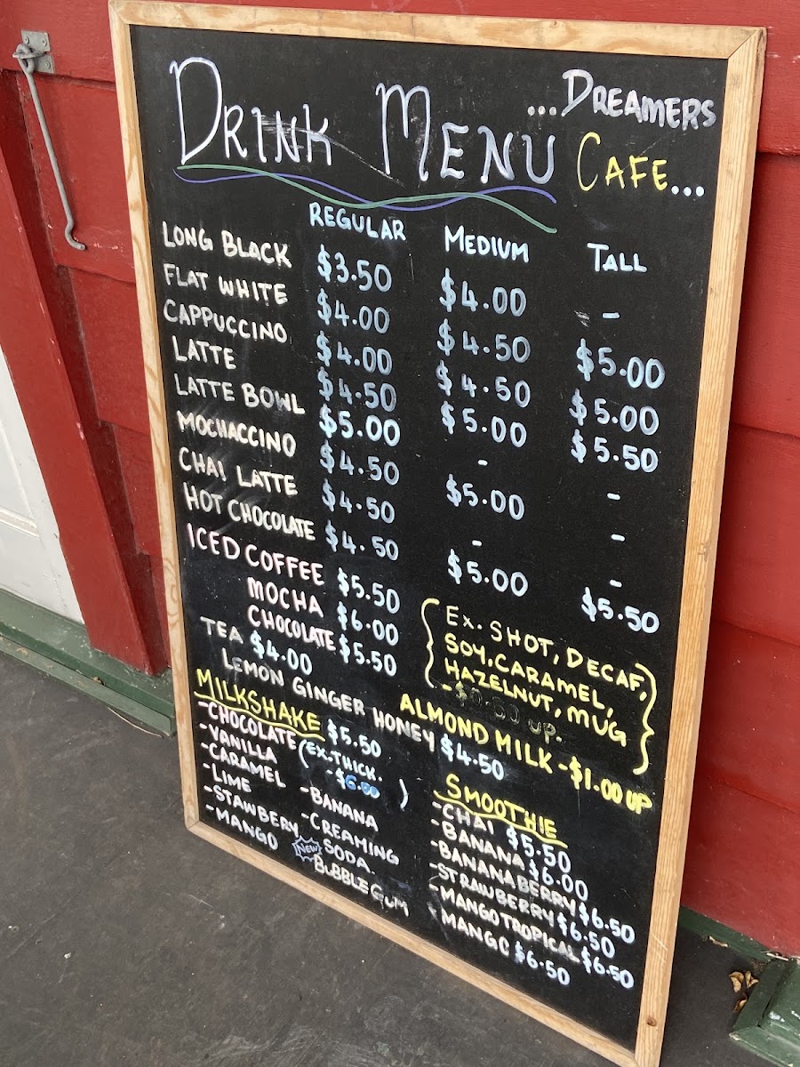 Dreamers Cafe menu board