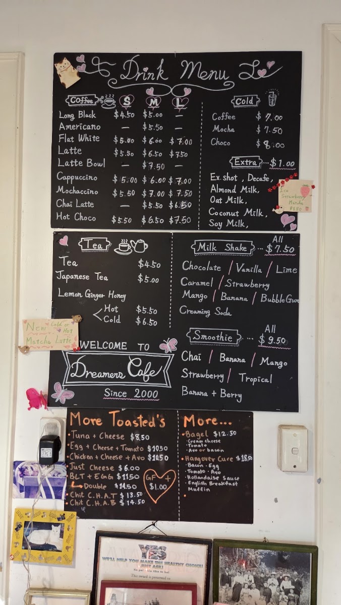 Dreamers Cafe menu board