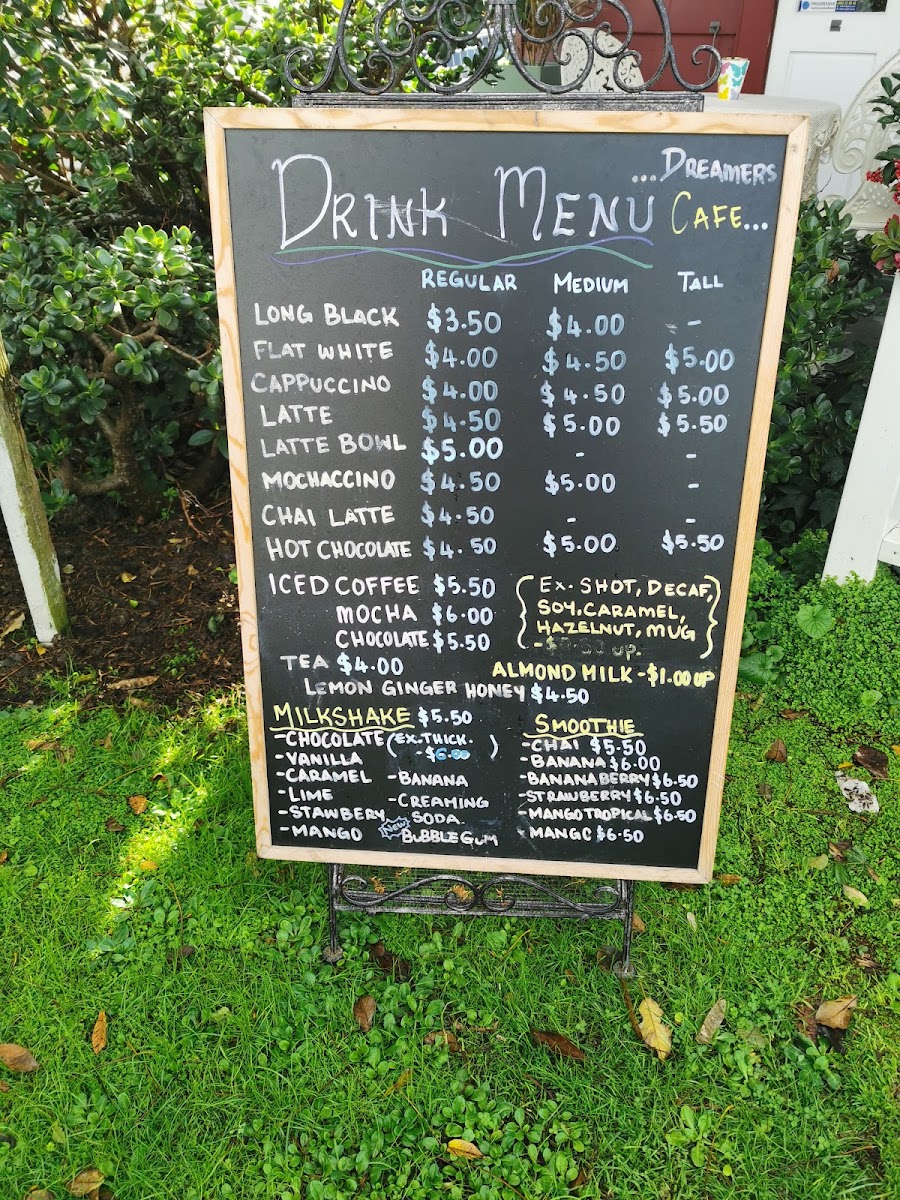 Dreamers Cafe menu board