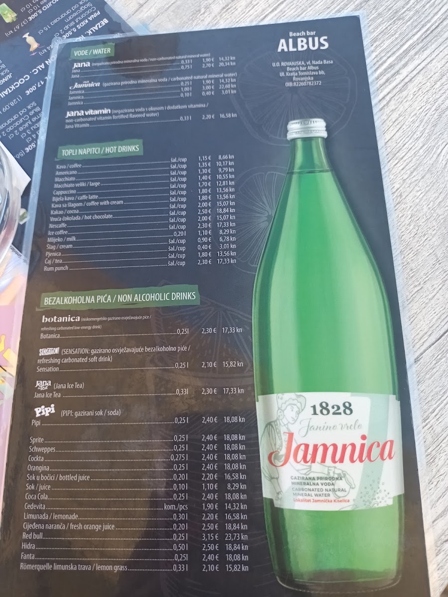 Beach bar Albus menu board