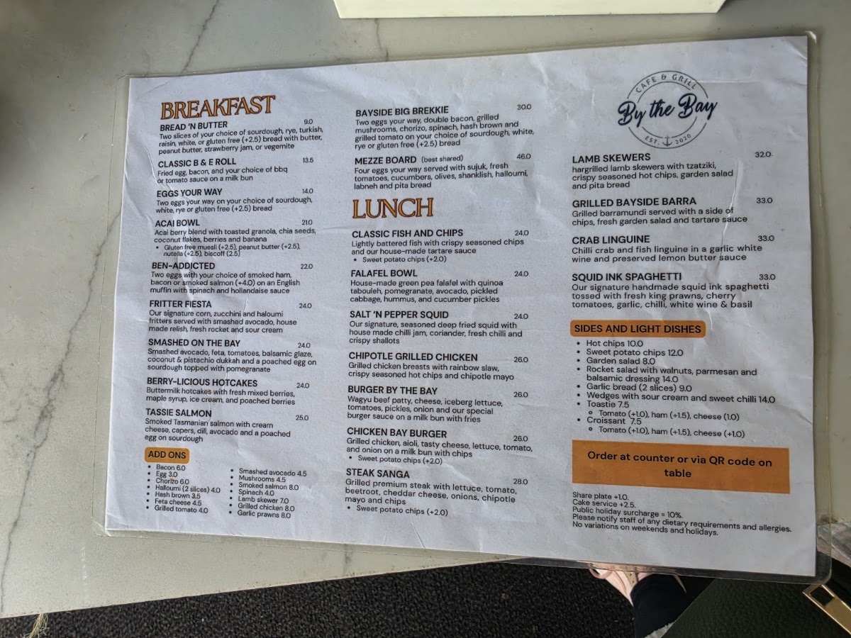 By the Bay Cafe & Grill menu board
