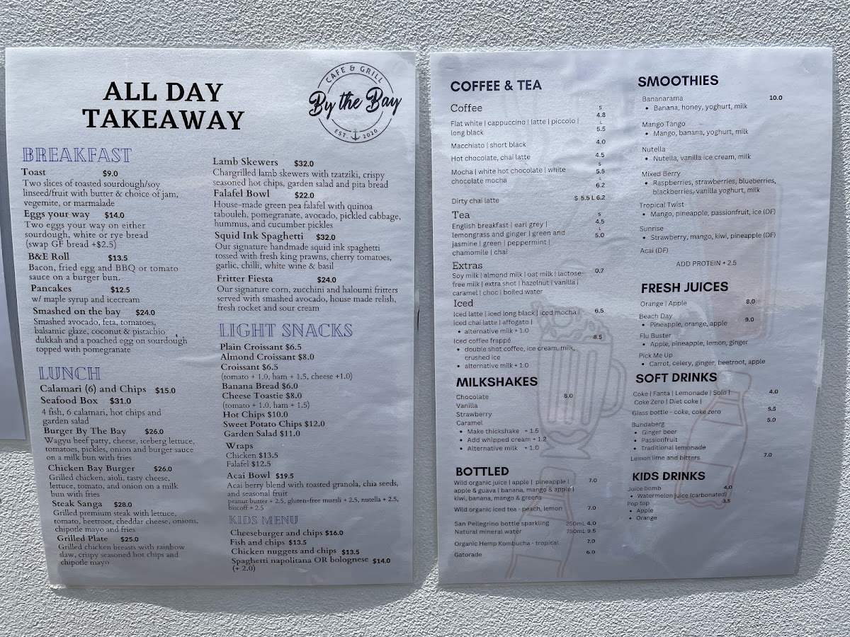 By the Bay Cafe & Grill menu board