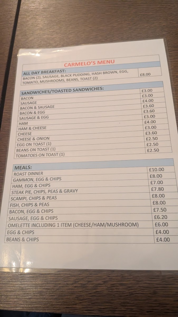 Carmelo's Cafe menu board