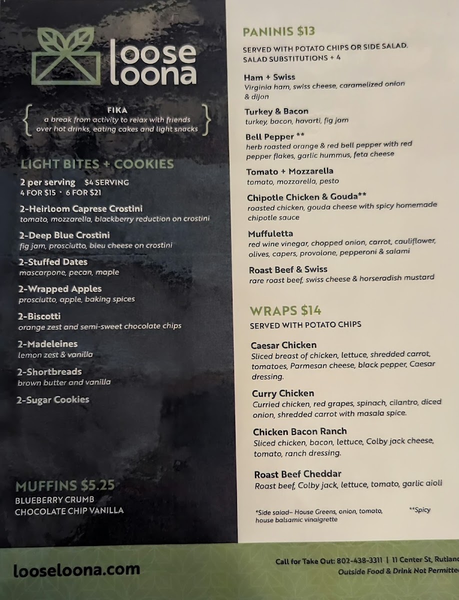 Loose Loona Gifts and Teahouse menu board