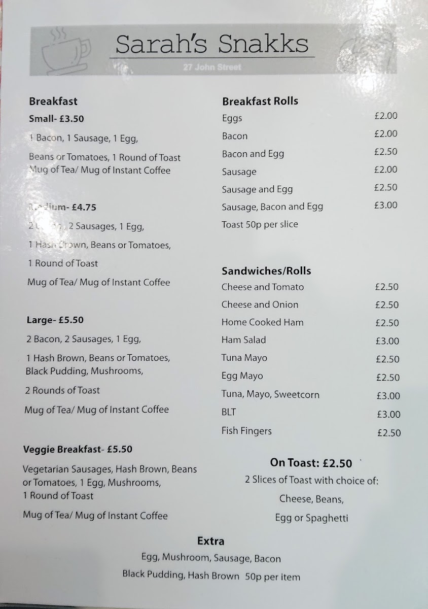 Sarah's Snakks menu board