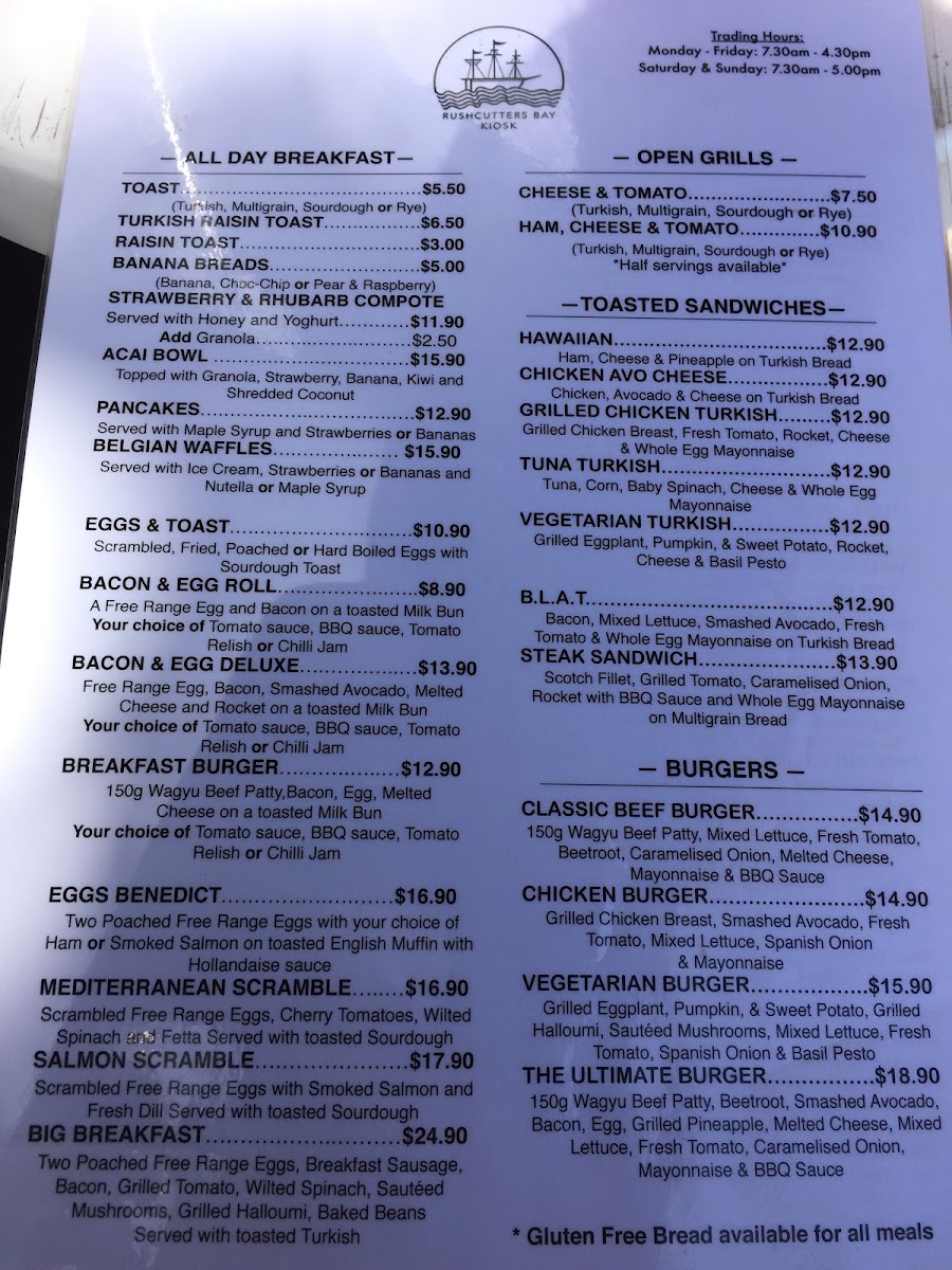 Rushcutters Bay Kiosk menu board