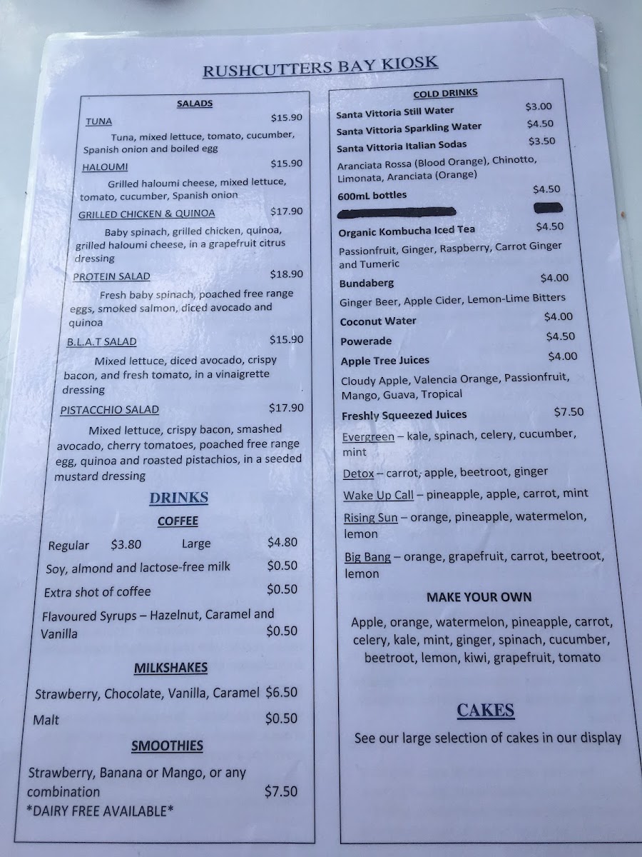 Rushcutters Bay Kiosk menu board