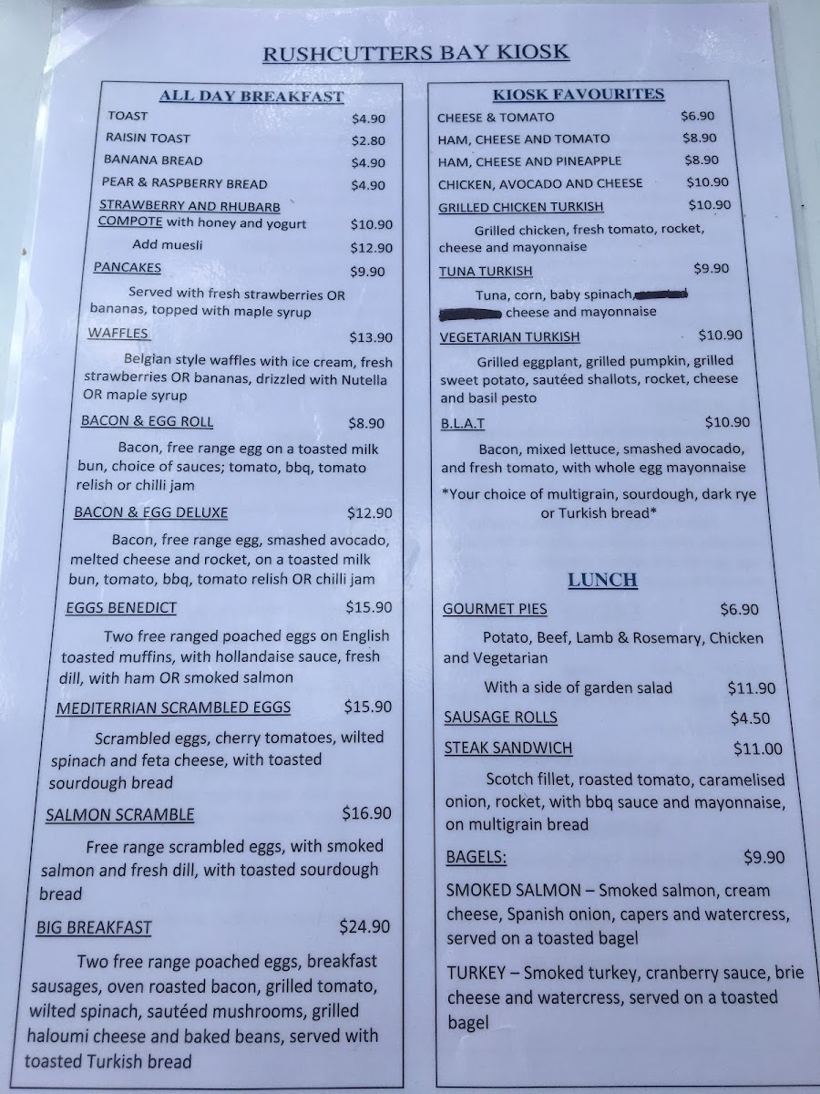 Rushcutters Bay Kiosk menu board