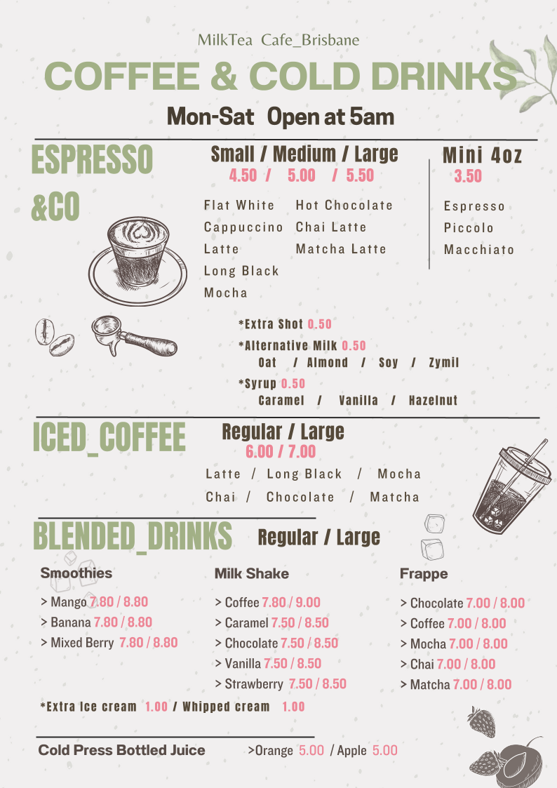 Milk Tea Cafe menu board