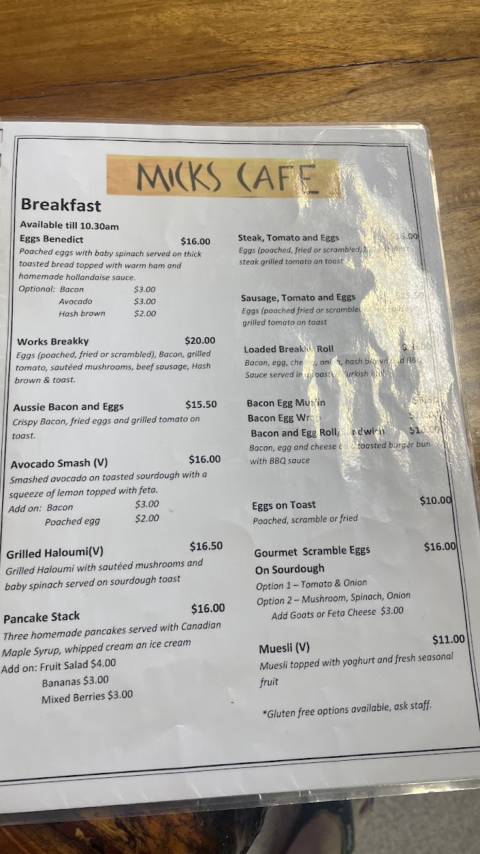 Mick's Cafe menu board