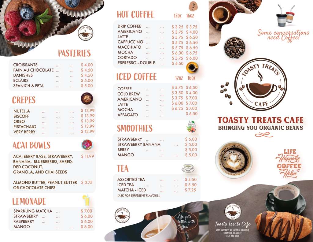 Toasty Treats Cafe menu board