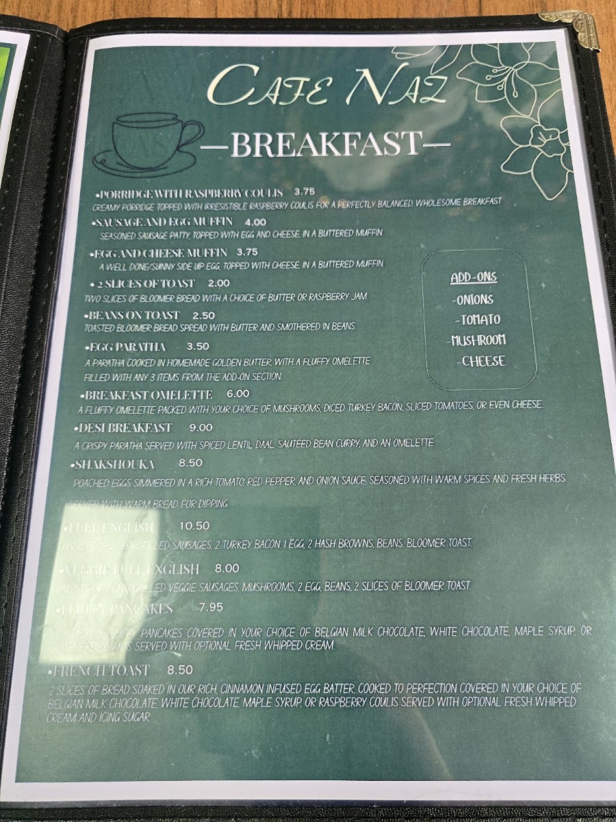 Cafe NAZ menu board