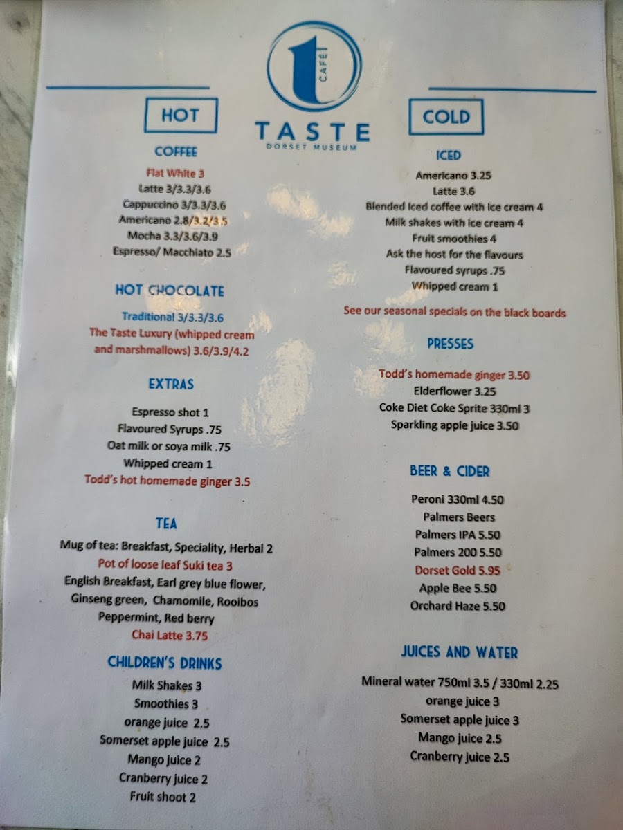 Taste Café at Dorset Museum menu board