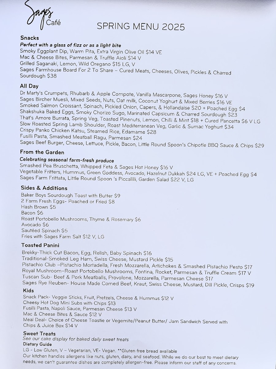 Sages Cottage Farm Cafe menu board