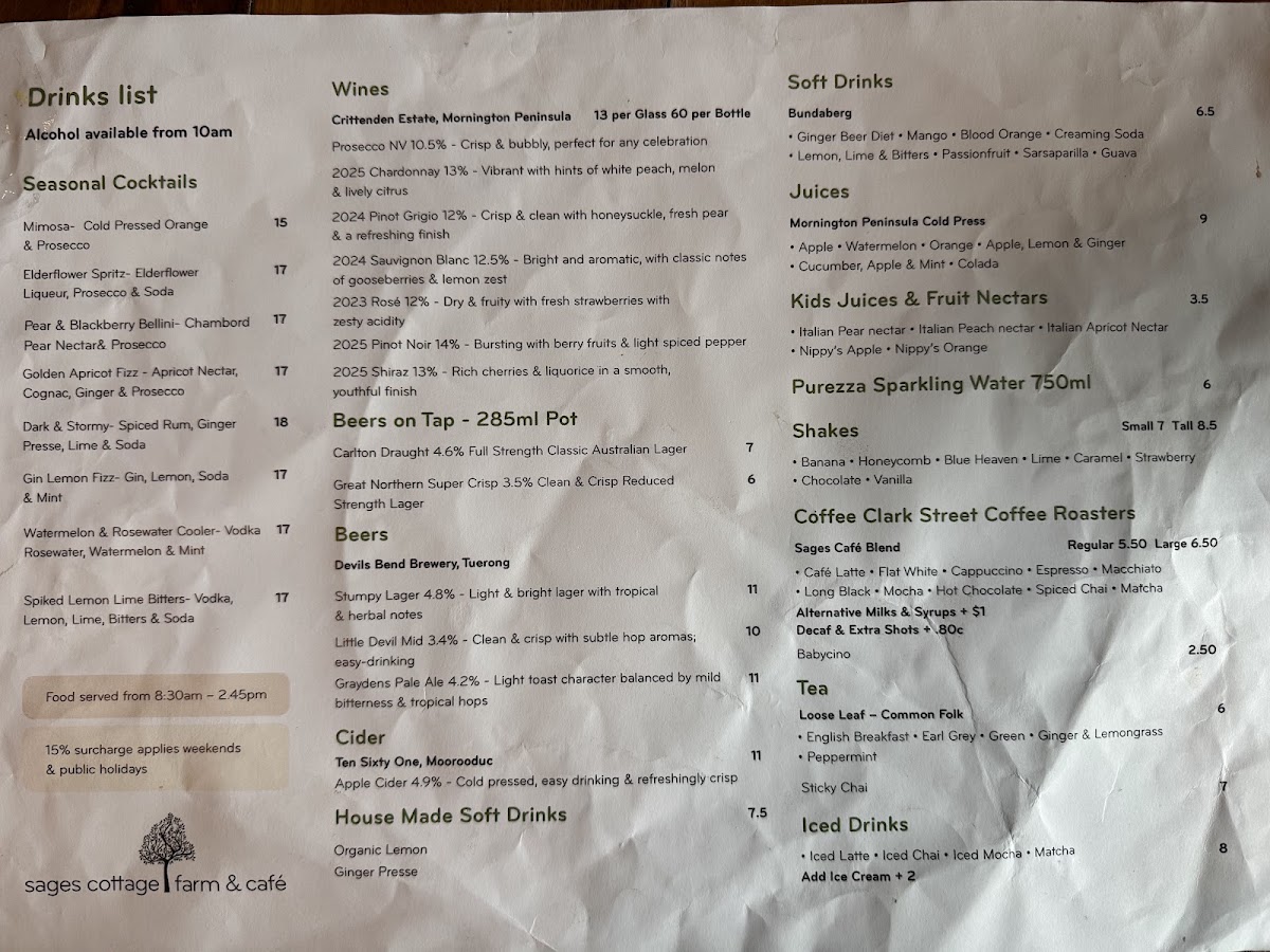 Sages Cottage Farm Cafe menu board