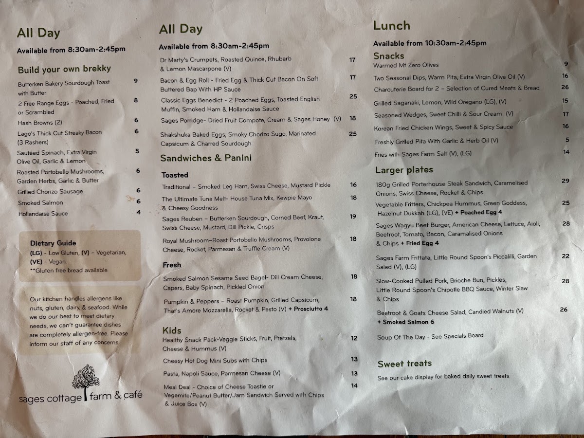 Sages Cottage Farm Cafe menu board