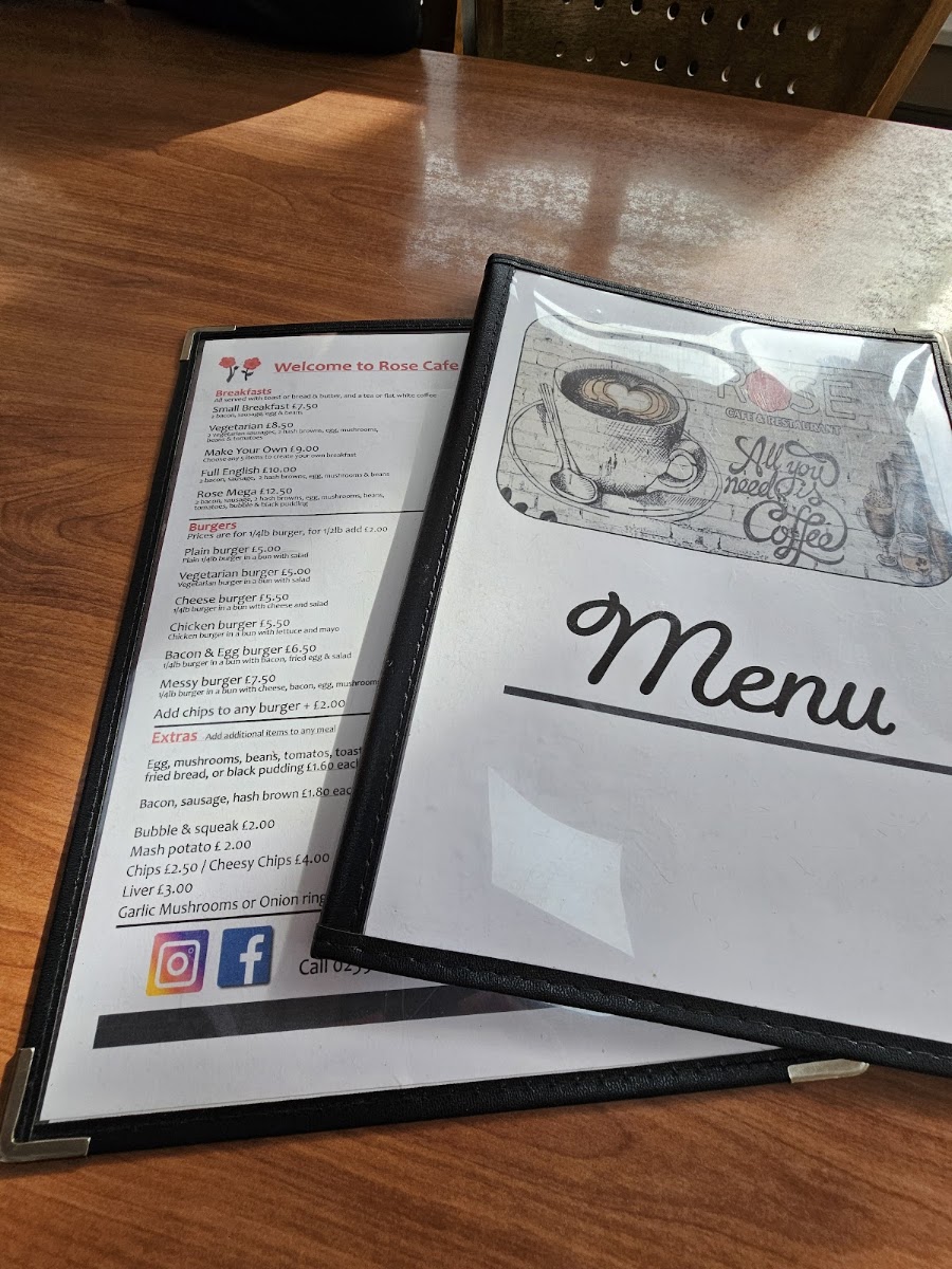 Rose Cafe Restaurant menu board