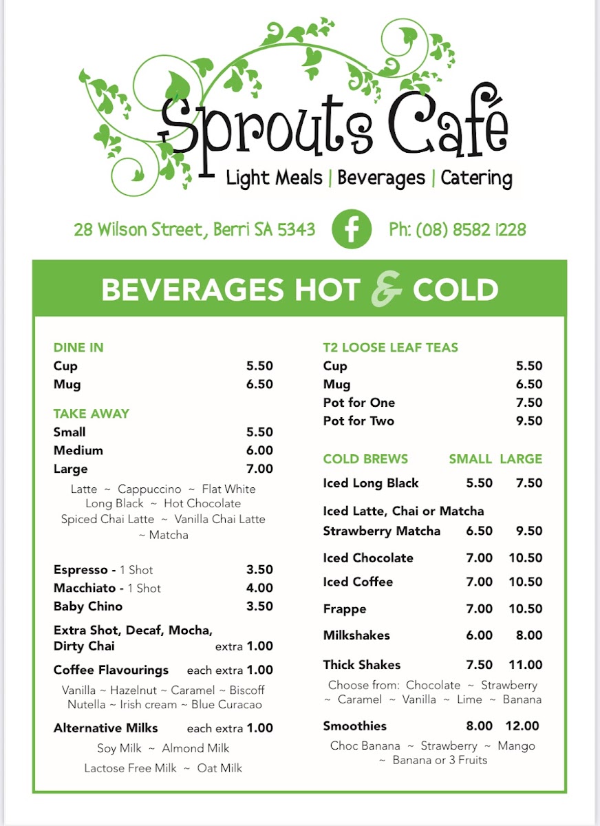 Sprouts Cafe Berri menu board