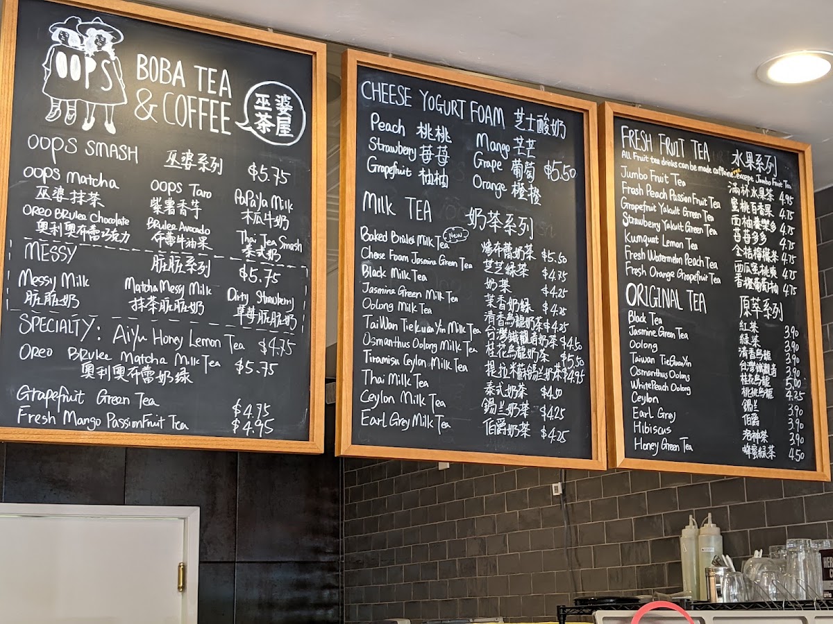 Oops Boba Tea & Coffee menu board