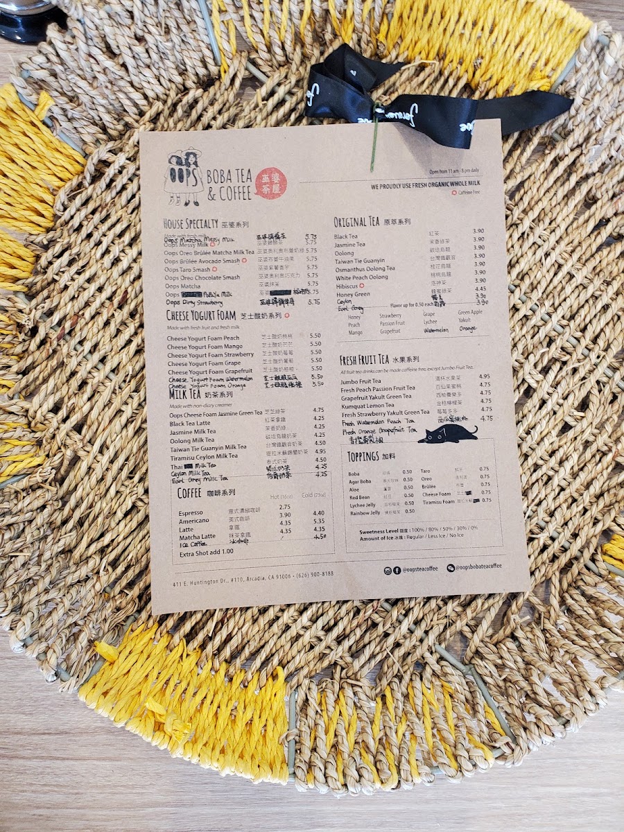 Oops Boba Tea & Coffee menu board