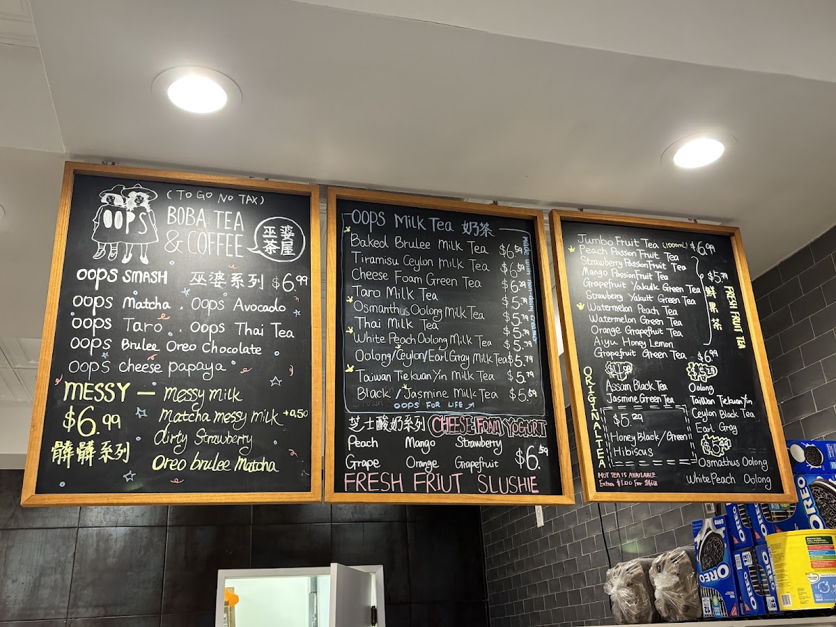 Oops Boba Tea & Coffee menu board
