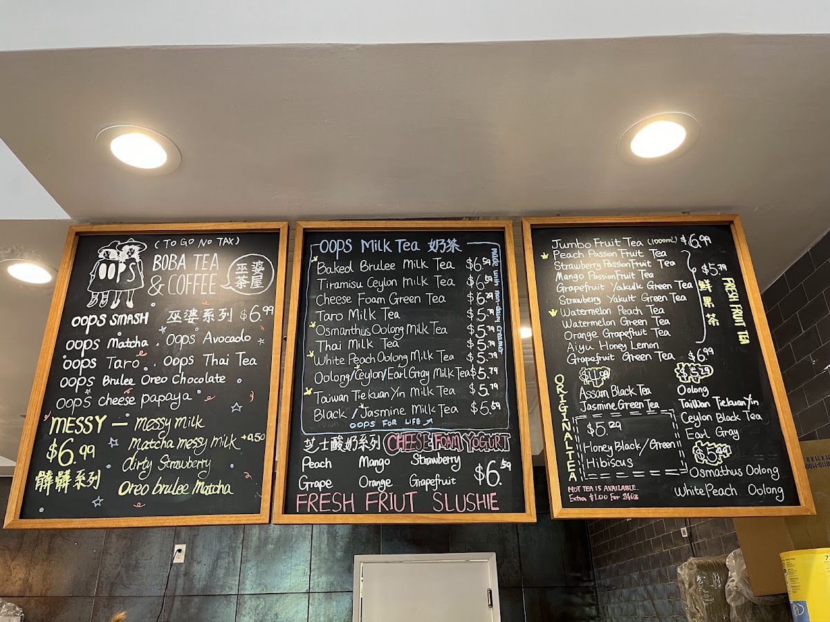 Oops Boba Tea & Coffee menu board