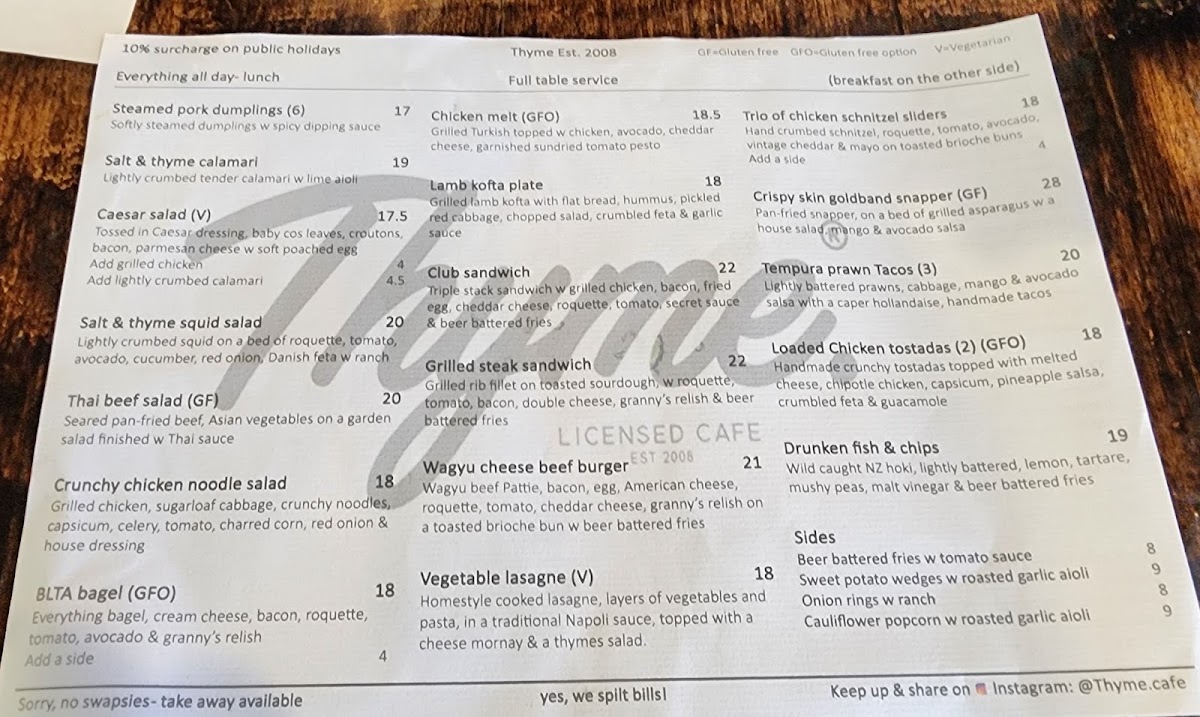 Thyme Cafe Bar menu board