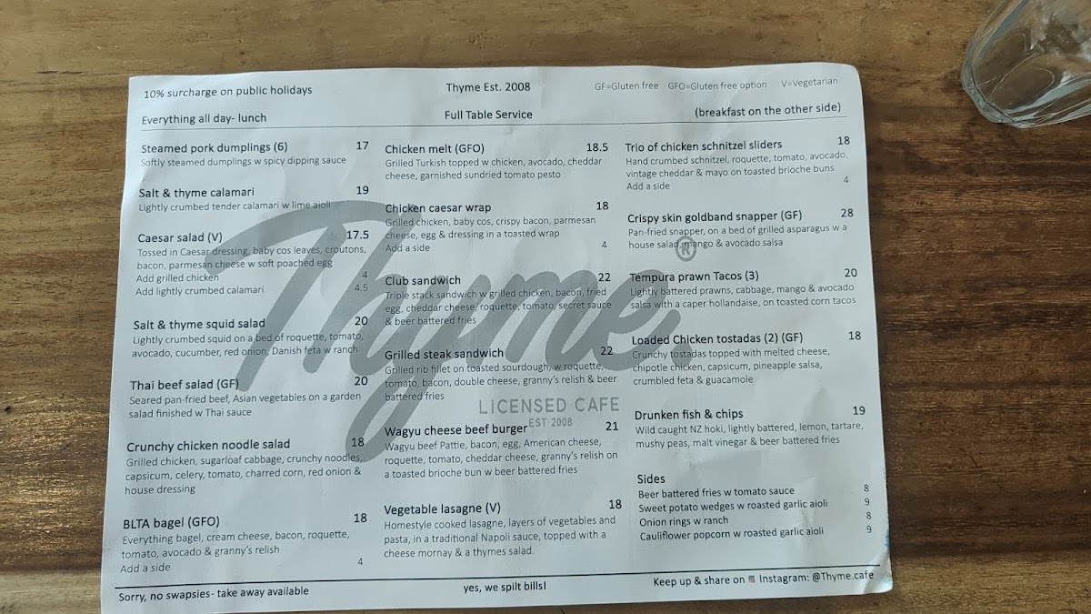 Thyme Cafe Bar menu board
