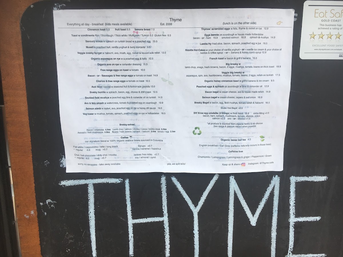 Thyme Cafe Bar menu board