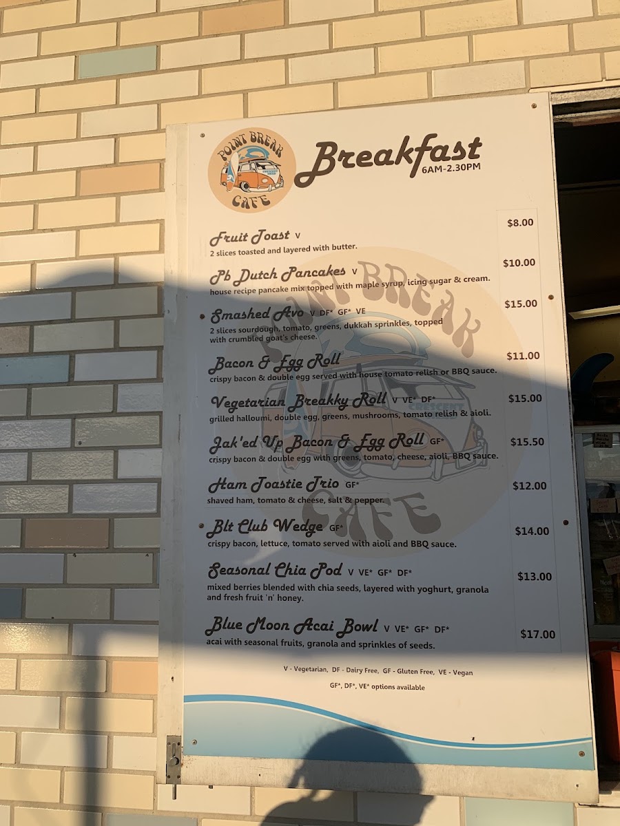Point Break Cafe - Crescent Head menu board