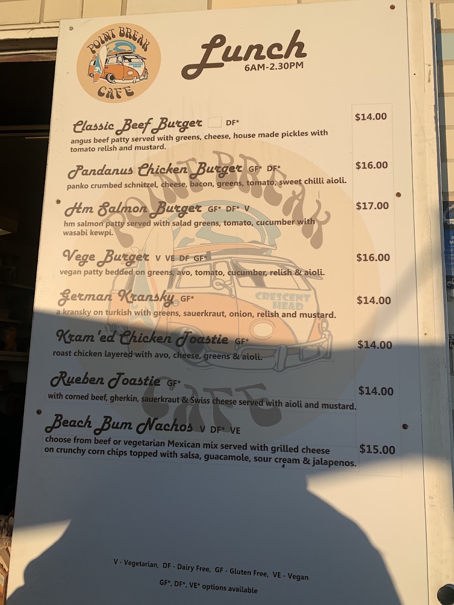 Point Break Cafe - Crescent Head menu board