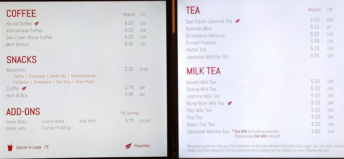 7 Leaves Montebello menu board