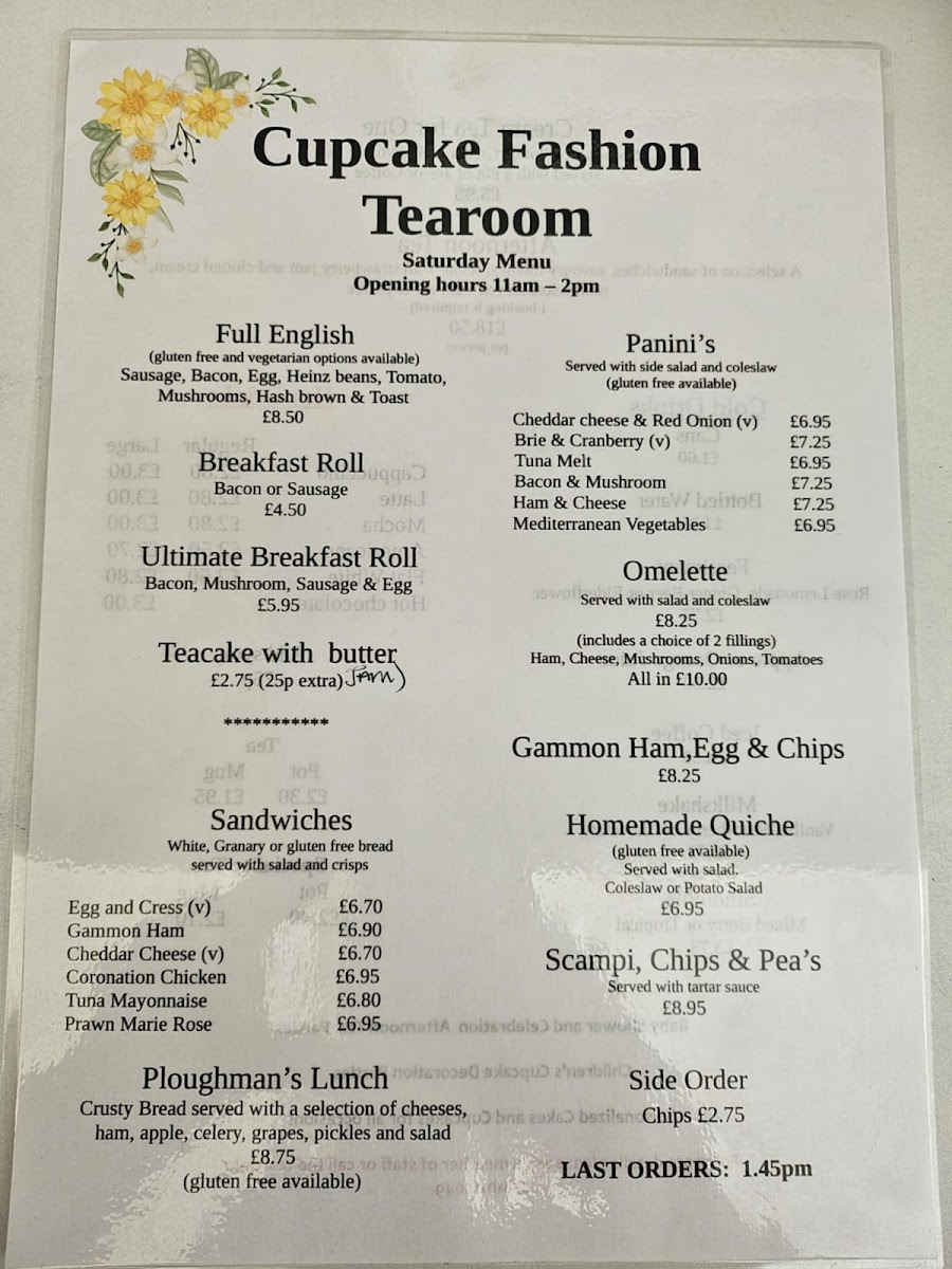 Cupcake Fashion Tea Room menu board