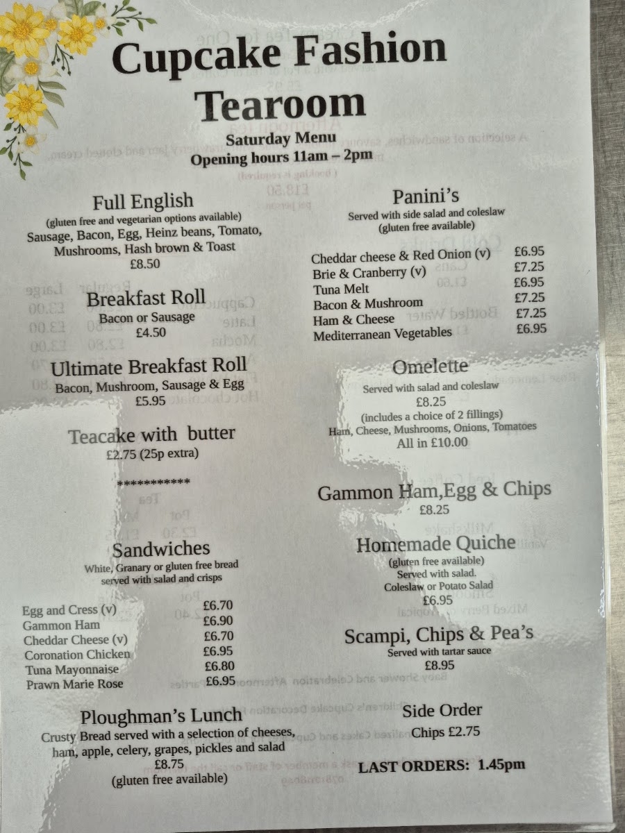 Cupcake Fashion Tea Room menu board