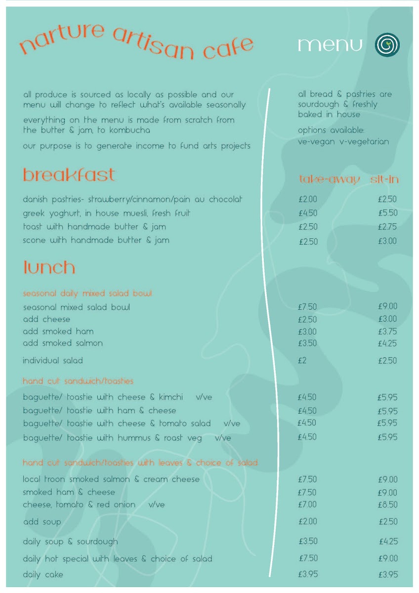 Narture Artisan Cafe menu board