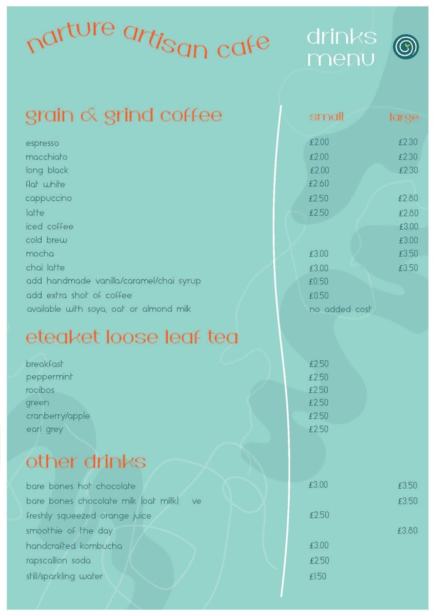 Narture Artisan Cafe menu board