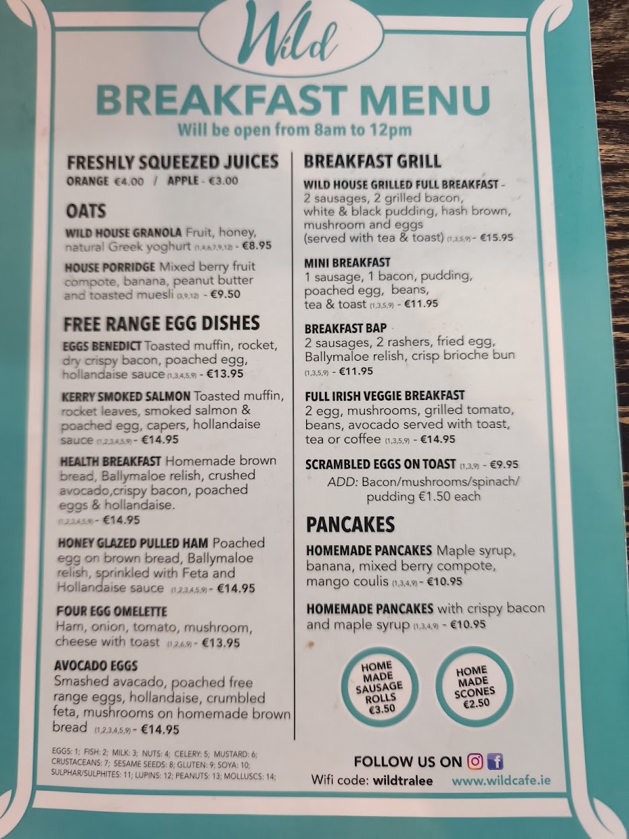 Wild Café menu board