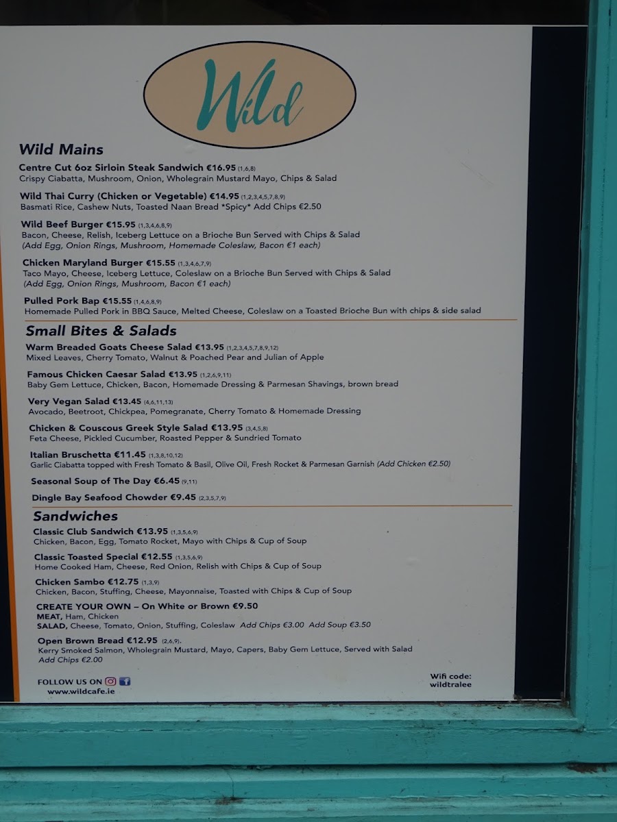 Wild Café menu board