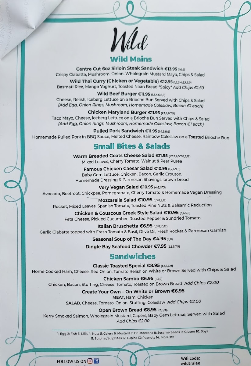 Wild Café menu board
