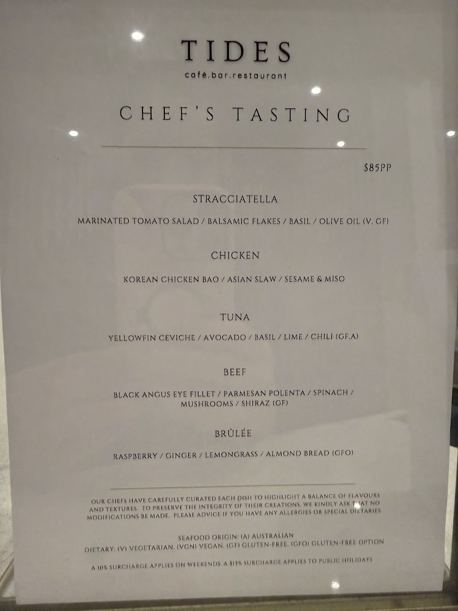 Tides Cafe & Bar at the Deep Blue menu board