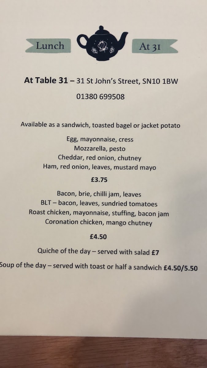 At Table 31 menu board