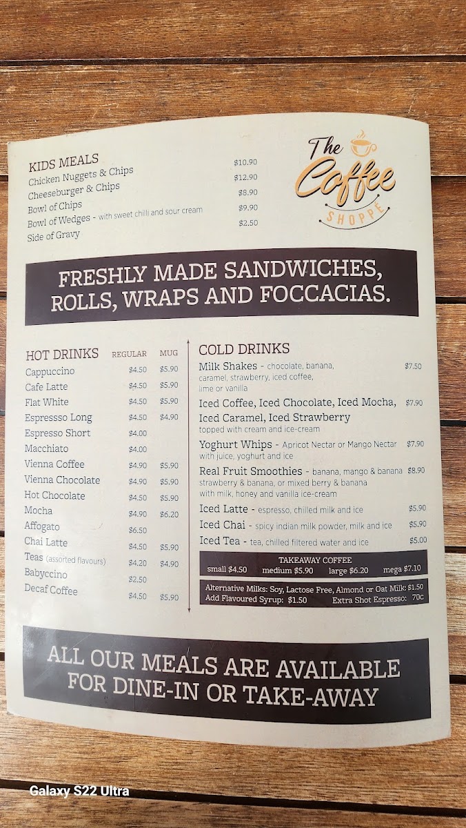 Tea Tree Gully Coffee Shoppe menu board