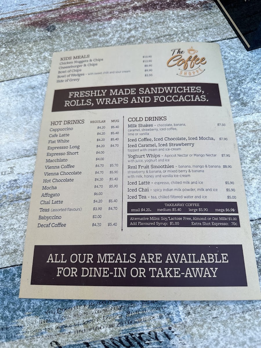 Tea Tree Gully Coffee Shoppe menu board